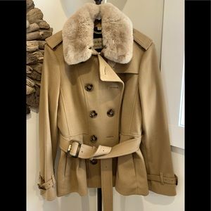 Burberry Wool/Cashmere Peplum Faux fur collar coat